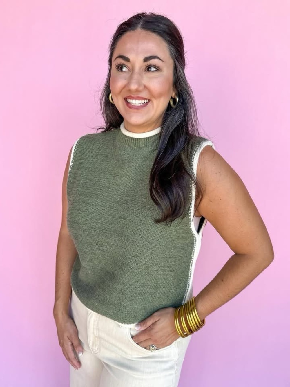 Entro Olive Green Cream Contrast Knit Mock Neck Sweater Vest Small